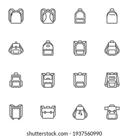 Backpack line icons set, outline vector symbol collection, linear style pictogram pack. Signs, logo illustration. Set includes icons as hiking bag, rucksack, knapsack, school bag, haversack