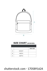 Backpack, line sketch and size chart