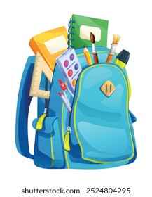 Backpack loaded with books, pencils, brushes, and other school supplies. Vector cartoon illustration