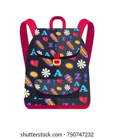 Backpack made of fabric cloth with red heart, white flower, A-Z letters chat sign on black background with violet handles vector