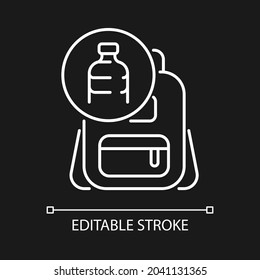 Backpack made from plastic white linear icon for dark theme. Repurposing discarded water bottles. Thin line customizable illustration. Isolated vector contour symbol for night mode. Editable stroke