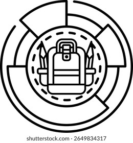 A backpack is the main focus of the image. The backpack is placed in the center of the circle and surrounded by a border. The image has a simple and minimalistic design