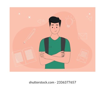 Backpack male university student smiling folding arms. With books, pencils, paper and e-mail. Character designs. Vector flat illustration