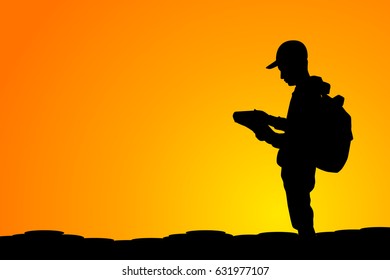Backpack man and sunset