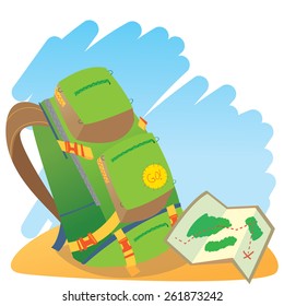 Backpack and map camping illustration