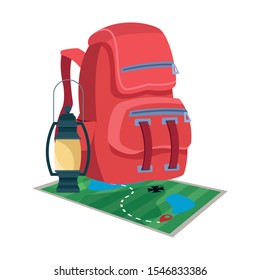 backpack with map and camping lantern over white background, vector illustration