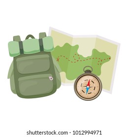 Backpack, map and compass for camping tourism, cartoon illustration of travel equipment. Vector