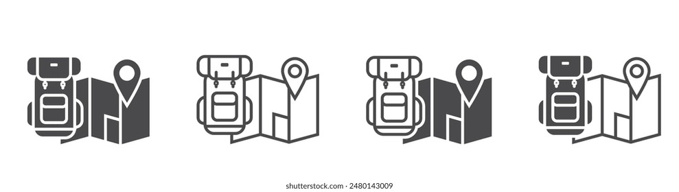 backpack and map flat and line icon set. travel, hiking and vacation symbols. isolated vector illustrations for tourism design