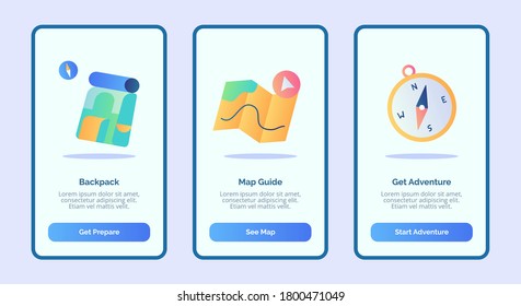 Backpack map guide get adventure for mobile apps template banner page UI with three variations modern flat color style.