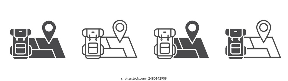 backpack and map with location pin flat and line icon set. travel and vacation symbols. isolated vector illustrations for tourism design