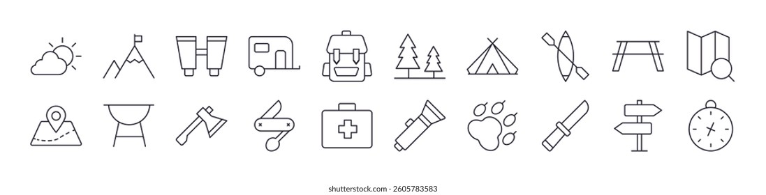 Backpack, Map Pin, Camping, Travel, Vacation Related Line Icon Collection. Editable Stroke. Perfect for Infographics, Articles, Books, Flyers, Banners
