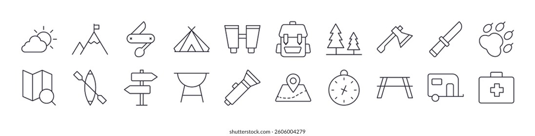 Backpack, Map Pin, Camping, Travel, Vacation Related Image Collection. Editable Stroke. Perfect for Infographics, Articles, Books, Flyers, Banners