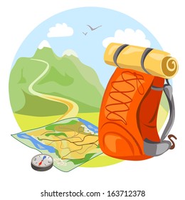 backpack, map,compass on mountain landscape. vector illustration