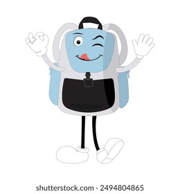 Backpack mascot cartoon Back to school and have fun. Character doodle illustration of walking school bag, Retro character design of a school bag