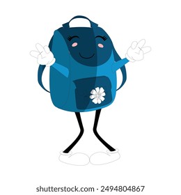 Backpack mascot cartoon Back to school and have fun. Character doodle illustration of walking school bag, Retro character design of a school bag