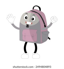 Backpack mascot cartoon Back to school and have fun. Character doodle illustration of walking school bag, Retro character design of a school bag