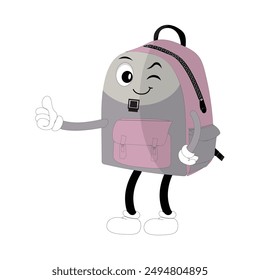 Mochila mascota de dibujos animados Volver a la escuela y divertirse. Ilustración del doodle del carácter de la bolsa de escuela que camina, diseño retro del carácter de una bolsa de escuela