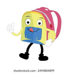 Backpack mascot cartoon Back to school and have fun. Character doodle illustration of walking school bag, Retro character design of a school bag