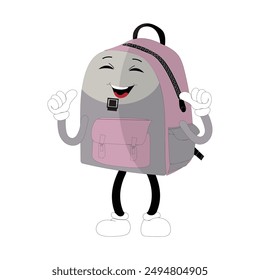 Backpack mascot cartoon Back to school and have fun. Character doodle illustration of walking school bag, Retro character design of a school bag