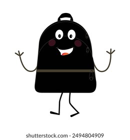 Backpack mascot cartoon Back to school and have fun. Character doodle illustration of walking school bag, Retro character design of a school bag