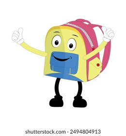 Mochila mascota de dibujos animados Volver a la escuela y divertirse. Ilustración del doodle del carácter de la bolsa de escuela que camina, diseño retro del carácter de una bolsa de escuela