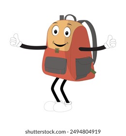 Backpack mascot cartoon Back to school and have fun. Character doodle illustration of walking school bag, Retro character design of a school bag