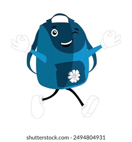 Backpack mascot cartoon Back to school and have fun. Character doodle illustration of walking school bag, Retro character design of a school bag