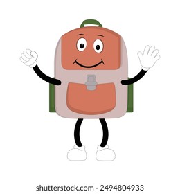 Backpack mascot cartoon Back to school and have fun. Character doodle illustration of walking school bag, Retro character design of a school bag