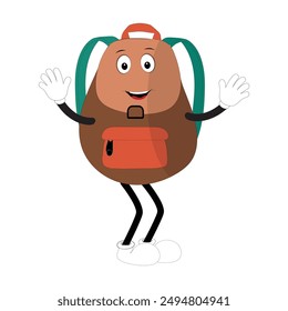 Backpack mascot cartoon Back to school and have fun. Character doodle illustration of walking school bag, Retro character design of a school bag