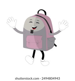 Backpack mascot cartoon Back to school and have fun. Character doodle illustration of walking school bag, Retro character design of a school bag