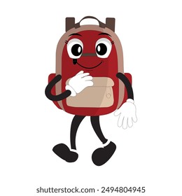 Backpack mascot cartoon Back to school and have fun. Character doodle illustration of walking school bag, Retro character design of a school bag