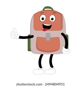 Backpack mascot cartoon Back to school and have fun. Character doodle illustration of walking school bag, Retro character design of a school bag