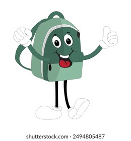 Mochila mascota de dibujos animados Volver a la escuela y divertirse. Ilustración del doodle del carácter de la bolsa de escuela que camina, diseño retro del carácter de una bolsa de escuela