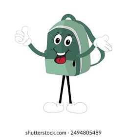 Backpack mascot cartoon Back to school and have fun. Character doodle illustration of walking school bag, Retro character design of a school bag