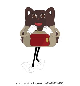 Mochila mascota de dibujos animados Volver a la escuela y divertirse. Ilustración del doodle del carácter de la bolsa de escuela que camina, diseño retro del carácter de una bolsa de escuela
