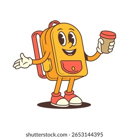 Backpack mascot holding a cup of coffee in one hand and presenting with the other, smiling in an approachable pose. Ideal for casual communication, blogs, or media content. Vector illustration