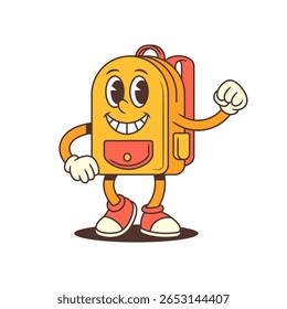 Backpack mascot making a fist pump gesture with confident grin and strong body language. Great for themes of achievement, motivation, success, or celebration. Vector illustration