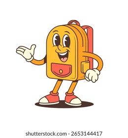 Backpack mascot with one arm extended as if greeting or presenting, featuring a wide smile and open eyes. Perfect for communication themes, contact pages, or friendly branding. Vector illustration