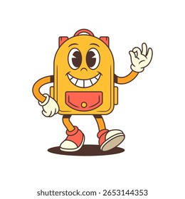 Mochila mascote levanta a mão para um alto cinco com um enorme sorriso, trazendo energia e encorajamento. Ótimo para marcas de jovens, motivação ou temas de trabalho em equipe. ilustração vetorial