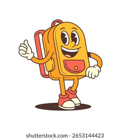 Backpack mascot raising one arm in a friendly wave with a big smile, creating a warm and inviting vibe. Perfect for greeting screens, contact pages, or educational materials. Vector illustration
