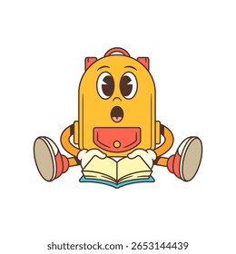 Backpack mascot sitting on the ground with an open book and surprised eyes, embodying curiosity and enthusiasm for study. Ideal for educational content, and school promotions. Vector illustration