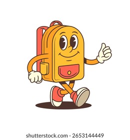 Backpack mascot walking forward with a confident stride, cheerful smile, and thumbs-up gesture. Ideal for education, and casual branding needing positive and engaging visuals. Vector illustration