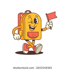 Backpack mascot walks confidently while holding a red flag and winking, spreading enthusiasm and leadership vibes. Great for educational and motivational content. vector illustration