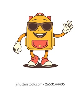 Backpack mascot with a warm smile and raised arm in a wave, creating a welcoming and approachable vibe. Ideal for greetings, intros, and friendly content. Vector illustration