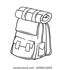 Backpack with mat roll line icon. Hand drawn retro backpackers rucksack for travel to mountain, summer forest. Camping, hiking adventure mascot, outline hikers backpack icon vector illustration