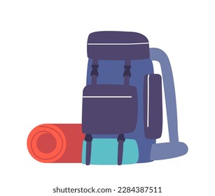 Backpack And Mat Set For Tourists Isolated On White Background. The Items Are Ideal For Outdoor Activities Like Hiking