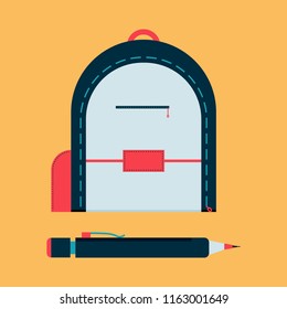 Backpack with mechanical pencil. School tool flat icon.