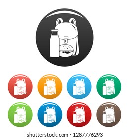 Backpack milk burger icons set 9 color vector isolated on white for any design