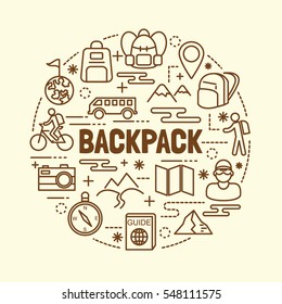 backpack minimal thin line icons set, vector illustration design elements