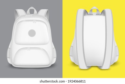 Backpack mockup set, vector isolated illustration. Realistic white school bag template. Sport tourist rucksack with zipper, handle, straps, front and back view.